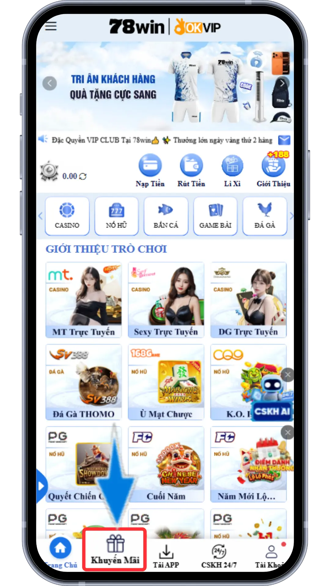 Bước 1: Tại trang chủ chọn mục KHUYẾN MÃI